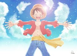 1boy ^_^ aco_peda black_hair blue_shorts closed_eyes cloud commentary_request hat male_focus monkey_d._luffy one_piece open_clothes open_mouth open_shirt outstretched_arms red_shirt sash scar scar_on_chest shirt shorts signature sky smile solo straw_hat sun yellow_sash