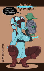 1boy 1girl 2006 aayla_secura blue_skin colored_skin hetero oral star_wars yoda