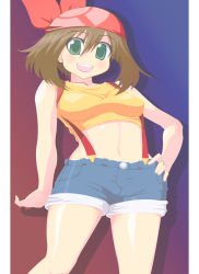Rule 34 | 1girl, blush, breasts, brown hair, cosplay, creatures (company), female focus, game freak, gradient background, green eyes, hand on own hip, highres, hip focus, may (pokemon), misty (pokemon) (cosplay), nintendo, pokemon, smile, solo