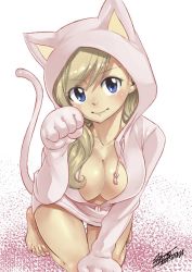 Rule 34 | 1girl, animal costume, animal ears, animal hands, animal hood, barefoot, blonde hair, blue eyes, breasts, cardigan, cat costume, cat ears, cat hood, cat tail, cleavage, closed mouth, collarbone, dress, eden&#039;s zero, fake animal ears, gloves, hood, hood up, leaning forward, long hair, looking at viewer, mashima hiro, medium breasts, official art, partially unzipped, paw gloves, pink gloves, pink sweater, rebecca bluegarden, signature, simple background, smile, solo, sweater, sweater dress, swept bangs, tail, thigh gap, white background