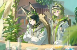 Rule 34 | 1boy, animal ear fluff, animal ears, blunt ends, bob cut, collei (genshin impact), collei (kiehls&#039;) (genshin impact), eyewear on head, fox boy, fox ears, genshin impact, gn nanome, goggles, goggles around neck, green theme, grey jacket, hair ornament, highres, holding, holding magnifying glass, jacket, kiehl&#039;s, leaf, leaf hair ornament, light green hair, looking at viewer, magnifying glass, scientist, short hair, tighnari (genshin impact), tighnari (kiehls&#039;) (genshin impact)