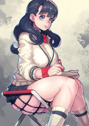 Rule 34 | 10s, 1girl, abstract background, absurdres, ass, bad id, black hair, black skirt, blue eyes, bow, bowtie, breasts, cardigan, cowboy shot, deep skin, feet out of frame, fengmo, grey background, gridman universe, highres, holding, knees together feet apart, large breasts, long hair, long sleeves, looking at viewer, microskirt, notepad, paper, pleated skirt, red bow, red bowtie, red scrunchie, school uniform, scrunchie, shirt, sitting, skindentation, skirt, smile, socks, solo, source request, ssss.gridman, stool, takarada rikka, thick thighs, thighs, wavy hair, white cardigan, white shirt, wrist scrunchie, writing