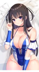 Rule 34 | 1girl, black choker, black hair, blue leotard, breasts, choker, cleavage, closed mouth, collarbone, commentary request, commission, covered navel, curvy, gauntlets, hair ribbon, highres, large breasts, leotard, long hair, looking at viewer, lying, on back, original, purple eyes, ribbon, sidelocks, skeb commission, smile, solo, twintails, wrestler, wrestling outfit, yamamura umi