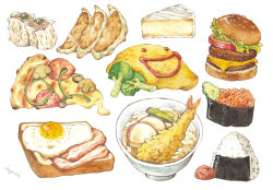Rule 34 | bacon, bowl, bread, bread slice, broccoli, burger, cake, cake slice, cheese, dumpling, egg (food), food, food focus, fried egg, ketchup, lettuce, meat, momonga311036, mushroom, no humans, omelet, omurice, onigiri, original, painting (medium), pizza, rice, roe, shrimp, shrimp tempura, tempura, toast, tomato, traditional media, watercolor (medium), white background