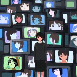 Rule 34 | 1girl, asymmetrical hair, black skirt, brown eyes, brown hair, computer, crt, expressionless, hair ornament, iwakura lain, looking at viewer, monitor, necktie, serial experiments lain, skirt, solo, standing, woshihuyi