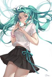 Rule 34 | 1girl, aqua hair, bespectacled, black choker, black skirt, bracelet, choker, cowboy shot, closed eyes, fingers together, glasses, hair ornament, hairclip, hands up, hatsune miku, heart, heart-shaped eyewear, highres, jewelry, long hair, looking at viewer, pleated skirt, qie, red-framed eyewear, ring, shirt, simple background, skirt, solo, twintails, vocaloid, white background, white shirt