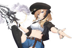 Rule 34 | 1girl, au ra, belt, belt buckle, black hat, black jacket, black thighhighs, blue eyes, blue nails, blue shorts, breasts, brown belt, brown hair, buckle, closed mouth, commission, crop top, dragon horns, feet out of frame, final fantasy, final fantasy xiv, gun, hat, highres, holding, holding gun, holding weapon, horns, jacket, long hair, looking at viewer, medium breasts, midriff, nail polish, open clothes, open jacket, peaked cap, pointing, ponta (velmar), puffy short sleeves, puffy sleeves, scales, short shorts, short sleeves, shorts, simple background, skeb commission, smile, solo, thighhighs, weapon, white background