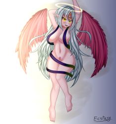 Rule 34 | 1girl, alipheese fateburn xvi, angel, angel wings, areola slip, arms up, breasts, ecstasy (icyblue), feet, female focus, glowing, glowing eyes, halo, highres, large breasts, long hair, lying, mon-musu quest!, monster girl, navel, nipples, on back, open mouth, pubic tattoo, pussy, pussy peek, revealing clothes, ribbon, simple background, solo, tattoo, thick thighs, thighs, very long hair, white hair, wide hips, wings, yellow eyes