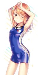 Rule 34 | 1girl, absurdres, alternate costume, arm over head, armpits, bad id, bad pixiv id, bare shoulders, bike shorts, blue one-piece swimsuit, blush, breasts, brown eyes, collarbone, competition swimsuit, contemporary, covered navel, cowboy shot, grin, highres, ichiren namiro, idolmaster, idolmaster cinderella girls, leaning forward, long hair, looking at viewer, navel, one-piece swimsuit, one eye closed, orange hair, sidelocks, small breasts, smile, solo, swimsuit, yuuki haru