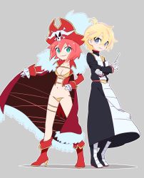 Rule 34 | 1boy, 1girl, alpha omega nova, aqua eyes, back-to-back, blackholian, blackholian (cosplay), blonde hair, blue eyes, boots, bright pupils, cape, cosplay, full body, fur trim, grey background, hand on own hip, hat, highres, lalaco godspeed, lalaco godspeed (cosplay), life fiber, looking at viewer, luluco, mt.somo, multicolored hair, navel, pirate, pirate hat, red footwear, red hair, revealing clothes, short hair, simple background, skull and crossbones, smile, spoilers, streaked hair, thigh strap, trigger-chan, uchuu patrol luluco, uniform