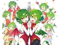 Rule 34 | 6+girls, absurdres, arms up, black pants, blush, brown eyes, china dress, chinese clothes, confetti, copyright request, draco centauros, dragon girl, dragon horns, dragon tail, dragon wings, dress, elbow gloves, fang, gloves, green hair, highres, holding hands, horns, looking at viewer, multiple girls, offbeat, official alternate costume, one eye closed, open mouth, pants, pantyhose, pointy ears, puyopuyo, red dress, short hair, sidelocks, simple background, smile, tail, white background, white gloves, white pantyhose, wings