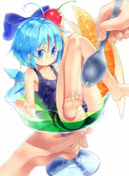 Rule 34 | 1girl, barefoot, blue eyes, blue hair, breasts, cherry, cirno, covered erect nipples, cup, feet, food, fruit, glass, holding, in container, in cup, in food, matching hair/eyes, mikan (bananoha), mini person, minigirl, mundane utility, one-piece swimsuit, school swimsuit, short hair, simple background, small breasts, soles, solo, spoon, spork, swimsuit, toes, touhou, white background