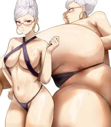 1girl absurdres anus anus_peek areola_slip ass ayase_seiko beehive_hairdo bikini black_bikini breasts criss-cross_halter dandadan earrings glasses grey_hair halterneck highleg highleg_bikini highres hoop_earrings jewelry large_breasts long_hair looking_at_viewer mature_female multiple_views navel nisakusa red_eyes semi-rimless_eyewear simple_background stomach swimsuit tall_hair thighs white_background