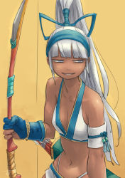 Rule 34 | 1girl, armband, arrow (projectile), blue eyes, blue ribbon, blunt bangs, bow (weapon), breasts, chiyo maru, cleavage, commentary request, dark-skinned female, dark skin, expressionless, gloves, hair ribbon, high ponytail, highleg, highleg panties, highres, holding, holding bow (weapon), holding weapon, jitome, majikina mina, navel, panties, partially fingerless gloves, quiver, ribbon, samurai spirits, silver hair, small breasts, solo, underwear, weapon, yellow background