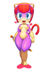 Rule 34 | 1990s (style), 1girl, android, animal ears, bar censor, barefoot, blue eyes, blush, breasts, cat ears, cat tail, censored, cleft of venus, colored skin, fangs, full body, heart, joints, kyatto ninden teyandee, muraachi, navel, nipples, open mouth, purple skin, pururun (kyatto ninden teyandee), pussy, red hair, retro artstyle, robot, robot joints, short sword, small breasts, smile, solo, standing, sword, tail, thick thighs, thighs, toes, weapon, wide hips