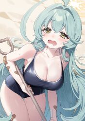 Rule 34 | 1girl, absurdres, abydos high school swimsuit, ahoge, aqua hair, bandaid, bandaid on arm, bandaid on leg, black one-piece swimsuit, blue archive, blush, breasts, cleavage, collarbone, commentary request, drooling, exhausted, hair between eyes, halo, highres, holding, holding shovel, large breasts, leaning forward, long hair, mouth drool, one-piece swimsuit, open mouth, outdoors, sakura yuki (clochette), shovel, solo, swimsuit, thigh gap, yellow eyes, yellow halo, yume (blue archive)