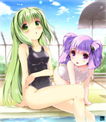 Rule 34 | 2girls, all fours, bad id, bad pixiv id, barbed wire, chain-link fence, cloud, day, fence, green eyes, green hair, long hair, multiple girls, one-piece swimsuit, original, outdoors, pool, poolside, purple eyes, purple hair, school swimsuit, sky, swimsuit, sys.ao, twintails, wet, white school swimsuit, white one-piece swimsuit