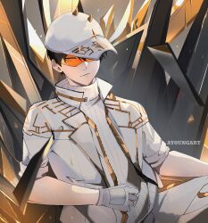 Rule 34 | 1boy, artist name, ayoungart, black hair, boboiboy, character request, closed mouth, commentary, english commentary, gloves, hat, highres, jacket, looking at viewer, male focus, orange-tinted eyewear, short hair, solo, tinted eyewear, white gloves, white hat, white jacket