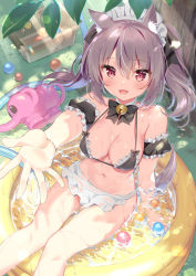 Rule 34 | 1girl, :d, animal ears, apron, bare shoulders, basket, bell, bikini, black bikini, bow, bowtie, breasts, cleavage, day, detached collar, detached sleeves, fang, fox ears, fox girl, fox tail, grey hair, hair bow, halterneck, jingle bell, long hair, looking at viewer, maid, maid apron, maid bikini, maid headdress, medium breasts, natsuki marina, navel, open mouth, original, outdoors, outstretched arm, red eyes, sitting, smile, solo, stomach, strap gap, string bikini, swimsuit, tail, thighs, twintails, unconventional maid, wading pool, waist apron, water, wet