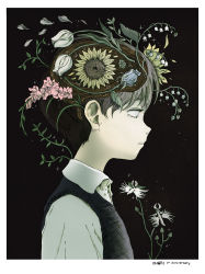 Rule 34 | 1boy, black background, black hair, black sweater vest, black vest, blue flower, blue rose, collared shirt, commentary, daisy, english commentary, flower, forget-me-not (flower), hair flower, hair ornament, highres, lily of the valley, male focus, official art, omocat, omori, orchid, pink flower, profile, rose, shirt, solo, sunflower, sunny (omori), sweater vest, tulip, vest, white flower, white shirt
