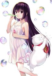 Rule 34 | 1girl, 1other, ayakashi triangle, blowing, bubble, blowing bubbles, bubble pipe, cleaned, commentary, derivative work, dress, english commentary, eyelashes, flat chest, highres, kanade (ayatora), light blush, long hair, looking at viewer, momocchi18, official art, purple eyes, purple hair, shirogane (ayatora), short dress, simple background, sleeveless, sleeveless dress, standing, white background, white dress, yabuki kentarou