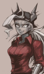 Rule 34 | alternate costume, breasts, collared shirt, colored skin, demon girl, grey background, grey eyes, grey hair, grey skin, helltaker, horns, judgement (helltaker), large breasts, long hair, long sleeves, looking at viewer, mechanical arms, open mouth, ponytail, red shirt, root 12047841, shirt, simple background, single mechanical arm, smile, solo, teeth, upper body, upper teeth only