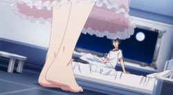 Rule 34 | 1boy, 1girl, animated, animated gif, anime screenshot, barefoot, bed, blue eyes, blue hair, feet, floor, from behind, legs, lingerie, looking at another, mizuhara reito, on bed, shirt, shuumatsu no harem, suou mira, toes, underwear, undressing, white shirt