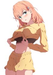 Rule 34 | 1girl, absurdres, black sports bra, blush, breasts, commentary request, dressing, green eyes, hair ornament, highres, hinoshita kaho, hood, hoodie, link! like! love live!, long sleeves, looking to the side, love live!, medium breasts, medium hair, midriff, navel, orange hair, orange hoodie, orange shorts, parted lips, rabbit hair ornament, shirosaki (nanokait), shorts, solo, sports bra, standing, upper body, white background