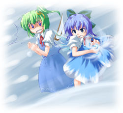Rule 34 | 2girls, black hair, blue dress, blue eyes, blue skirt, blue vest, bow, cirno, clenched hands, collared shirt, daiyousei, dress, embodiment of scarlet devil, energy ball, fairy wings, female focus, green bow, green hair, hair bow, hair ribbon, ice, ice wings, koto (keioteo), lowres, multiple girls, neck ribbon, open mouth, puffy short sleeves, puffy sleeves, red ribbon, ribbon, shirt, short hair, short sleeves, side ponytail, skirt, snow, snowball, surprised, touhou, vest, white shirt, wings, yellow ribbon