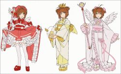 Rule 34 | 1girl, adapted costume, antenna hair, ascot, bow, bowtie, brown hair, cardcaptor sakura, closed mouth, crown, frilled kimono, frilled sash, frilled sleeves, frills, full body, fuuin no tsue, green eyes, hair intakes, hakusai (tiahszld), holding, holding wand, hoshi no tsue, japanese clothes, kero (cardcaptor sakura), kimono, kinomoto sakura, long sleeves, looking at viewer, mini wings, multiple views, obi, obijime, open mouth, pink headwear, pink kimono, pink ribbon, pink sash, platform footwear, red bow, red bowtie, red footwear, red sash, ribbon, sash, shoes, short kimono, short twintails, simple background, smile, thighhighs, twintails, wand, white background, white kimono, white thighhighs, white wings, wide sleeves, wings, yellow ascot, yellow kimono, yellow wings