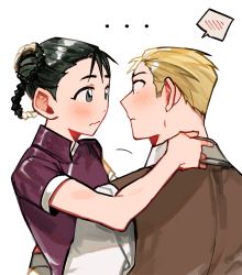 Rule 34 | 197 369, 1boy, 1girl, aged up, alphonse elric, black hair, blonde hair, blush, braid, braided hair rings, chinese clothes, collared shirt, embarrassed, eye contact, fullmetal alchemist, hair bun, hair rings, hetero, hug, korean commentary, long hair, long sleeves, looking at another, looking away, may chang, profile, shirt, short sleeves, simple background, single side bun, spoken blush, upper body, vest, white background