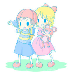 Rule 34 | 1boy, 1girl, blonde hair, bow, chibi, child, lowres, mother (game), mother 2, ness (mother 2), nintendo, paula (mother 2), striped, stuffed animal, stuffed toy