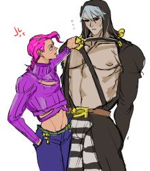 Rule 34 | 2boys,   kkam, abs, annoyed, black sclera, colored sclera, freckles, jojo no kimyou na bouken, male focus, multiple boys, pants, pink hair, red eyes, risotto nero, size difference, striped clothes, striped pants, sweater, vento aureo, vinegar doppio