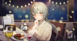 Rule 34 | 1girl, alternate costume, blush, chair, commentary request, cup, plate, drinking glass, food, girls&#039; frontline, grey hair, hair between eyes, hs2000 (girls&#039; frontline), long hair, picture frame, pointing, ponytail, signature, smile, solo focus, sparkle, steak, sweater, table, window, wine glass, yellow eyes, yuza-lattee