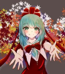 Rule 34 | 1girl, bow, dress, frilled bow, frilled ribbon, frills, front ponytail, green eyes, green hair, hair bow, hair ribbon, highres, kagiyama hina, leaf print, looking at viewer, maple leaf print, n yurel, puffy short sleeves, puffy sleeves, red bow, red dress, red ribbon, ribbon, short sleeves, smile, solo, touhou, upper body