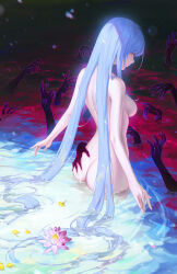 Rule 34 | 1girl, alternate costume, ambiguous red liquid, ass, bare shoulders, breasts, closed mouth, completely nude, epiphyllum, flower, flower on liquid, ghost hands, ginkgo leaf, hand on another&#039;s ass, high ponytail, highres, honkai: star rail, honkai (series), jingliu (honkai: star rail), kuri kuriku, leaf, long hair, looking down, medium breasts, nude, partially submerged, red eyes, sideboob, solo, wading, water, white hair