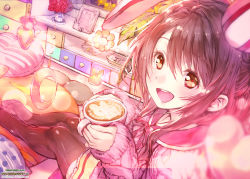 Rule 34 | 1girl, :d, animal ears, black thighhighs, blush, brown eyes, brown hair, coffee, commentary request, crescent, cup, drawer, ek masato, fake animal ears, flower, heart, heart-shaped pillow, holding, holding cup, idolmaster, idolmaster cinderella girls, latte art, long hair, looking at viewer, open mouth, pillow, rabbit ears, ribbon, shimamura uzuki, sitting, sleeves past wrists, smile, solo, sweater, thighhighs