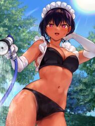Rule 34 | 1girl, absurdres, bikini, black bikini, black hair, blush, breasts, cleavage, collarbone, commentary request, contrapposto, cowboy shot, dark-skinned female, dark skin, day, elbow gloves, from below, gloves, gluteal fold, highres, holding, holding hose, hose, hose nozzle, konbu wakame, large breasts, lilith (saikin yatotta maid ga ayashii), looking at viewer, maid, maid bikini, maid headdress, mole, mole on breast, mole under eye, navel, official art, open mouth, outdoors, purple eyes, saikin yatotta maid ga ayashii, short hair, smile, solo, sun, swimsuit, thighs, tree, twitter username, unconventional maid, watermark, wet, wet clothes, white gloves