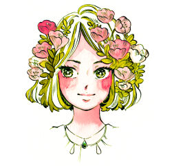Rule 34 | 1girl, artist name, cropped shoulders, flower, green eyes, green hair, hair flower, hair ornament, highres, jewelry, leaf, meyoco, necklace, original, pink flower, plant, portrait, short hair, simple background, smile, solo, traditional media, watermark, white background