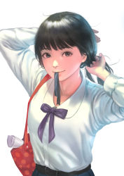 Rule 34 | 1girl, adjusting hair, backlighting, bag, black hair, bow, grey eyes, highres, light smile, lips, long hair, long sleeves, looking at viewer, mouth hold, nose, omeno (digitalome), original, purple bow, ribbon, ribbon in mouth, school uniform, shirt, solo, tying hair, white background