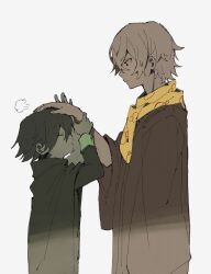 Rule 34 | 2boys, absurdres, arm up, bungou stray dogs, cape, closed eyes, closed mouth, edogawa ranpo (bungou stray dogs), fukuzawa yukichi (bungou stray dogs), haori, headpat, highres, japanese clothes, long sleeves, male focus, multiple boys, profile, rinu, scarf, short hair, simple background, spot color, sweatdrop, wide sleeves, yellow scarf