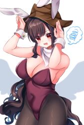 Rule 34 | 1girl, animal ears, bandana, bare shoulders, black hair, blush, breasts, brown hat, cleavage, covered navel, cowboy hat, cowboy shot, crying, embarrassed, fake animal ears, hat, highres, horse girl, horse tail, kurokoma saki, large breasts, leotard, long hair, looking at viewer, meimei (meimei89008309), open mouth, pantyhose, pegasus wings, playboy bunny, rabbit ears, rabbit pose, red eyes, red leotard, simple background, solo, spoken squiggle, squiggle, strapless, strapless leotard, tail, touhou, white bandana, wings, wrist cuffs
