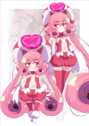 Rule 34 | 1girl, blush, cape, curly hair, hair between eyes, hand on own hip, hat, heart, highres, long hair, navel, neneka (princess connect!), pink eyes, pink hair, pointy ears, princess connect!, red eyes, red headwear, red thighhighs, sw (taco), thighhighs, twintails, very long hair, white footwear