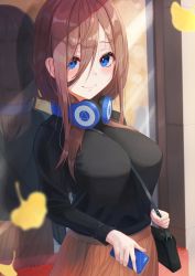 Rule 34 | 1girl, alternate costume, artist request, bag, black bag, black sweater, blue eyes, blush, breasts, brown hair, brown skirt, casual, cellphone, closed mouth, commentary request, go-toubun no hanayome, hair between eyes, handbag, headphones, headphones around neck, highres, holding, holding phone, large breasts, leaf, lips, long hair, long sleeves, looking at viewer, nakano miku, outdoors, phone, reflection, ribbed sweater, skirt, smile, solo, sweater, upper body