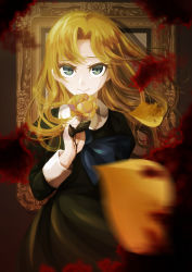 Rule 34 | 1girl, absurdres, blonde hair, blood, blurry, depth of field, flower, green eyes, highres, ib (kouri), long hair, mary (ib), petals, picture frame, rose, smile, solo, soratokanon, spoilers, yellow flower, yellow rose
