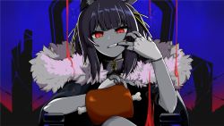 Rule 34 | .live, 1girl, animal ears, blue background, chair, coat, commentary, crown, fingerless gloves, food, gloves, glowing, glowing eyes, highres, king (vocaloid), long hair, looking at viewer, meat, nail polish, red eyes, rurun rururica, simple background, sitting, solo, tenpaiya, virtual youtuber, vocaloid, wolf ears