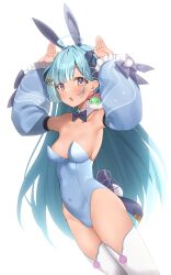 Rule 34 | 1girl, absurdres, ahoge, alternate costume, amaui, animal ears, blue bow, blue bowtie, blue hair, blue leotard, blue sleeves, blunt bangs, blush, bow, bowtie, breasts, collar, commentary request, covered navel, cowboy shot, detached collar, detached sleeves, fake animal ears, fake tail, gradient eyes, hair bow, hair intakes, highres, leotard, long hair, long sleeves, looking at viewer, medium bangs, medium breasts, multicolored eyes, multicolored hair, nanashi inc., open mouth, partner (kprtnr), playboy bunny, purple eyes, rabbit pose, simple background, solo, tail, thighhighs, two-tone hair, very long hair, virtual youtuber, white background, white collar, white hair, white thighhighs, yellow eyes