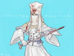 Rule 34 | 1girl, blood, blood on clothes, bloodborne, bloody weapon, blue background, blue eyes, blue sash, cane, capelet, commentary, cowboy shot, crossover, dated, dress, emlan, english commentary, gloves, grey hair, hat, holding, holding cane, iosefka, long sleeves, looking at viewer, mouth veil, one eye covered, sash, sekiro, sekiro: shadows die twice, signature, simple background, smile, solo, standing, veil, weapon, white capelet, white dress, white gloves