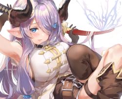 Rule 34 | 1girl, belt, black gloves, black thighhighs, blue eyes, breasts, brown footwear, bug, butterfly, character name, draph, gloves, granblue fantasy, hair ornament, hair over one eye, highres, horns, insect, katana, large breasts, long hair, narmaya (granblue fantasy), ooluoul, pointy ears, purple hair, shirt, sideboob, sitting, sleeveless, solo, sword, thigh strap, thighhighs, weapon, white background, white shirt