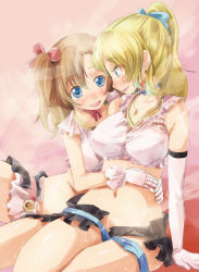 Rule 34 | 10s, 2girls, ayase eli, bare shoulders, blonde hair, blue eyes, blush, breasts, choker, crop top, eye contact, gloves, heavy breathing, hug, jewelry, kosaka honoka, large breasts, long hair, looking at another, love live!, love live! school idol project, microskirt, midriff, multiple girls, navel, necklace, open clothes, open mouth, open skirt, orange hair, ponytail, ribbon choker, side ponytail, skirt, smile, white gloves, yohane, yuri